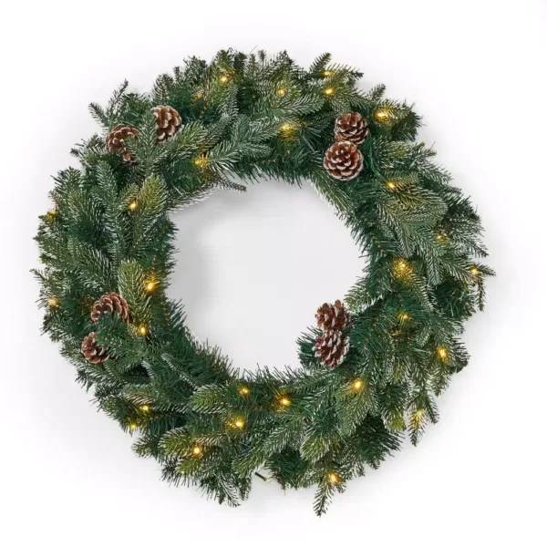 Noble House 24 in. Green Battery Operated Pre-Lit Warm White LED Mixed Spruce Artificial Christmas Wreath with Pine Cones