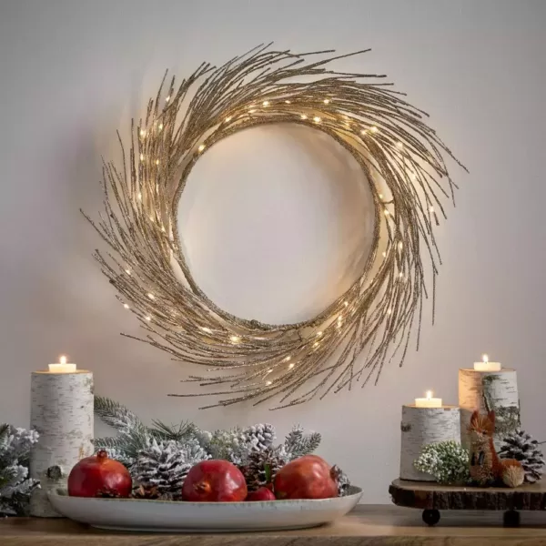 Noble House 24 in. Champagne Glitter Battery Operated Pre-Lit Warm White LED Artificial Christmas Wreath