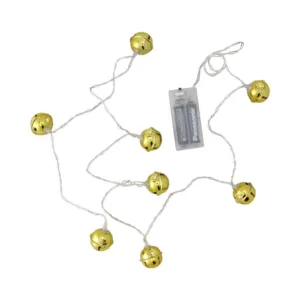 Northlight 8 Battery Operated Gold LED Jingle Bell with Star Cut-Outs Christmas Lights - Clear Wire