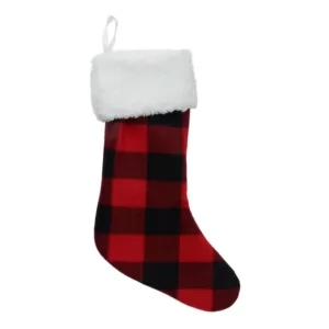 Northlight 18 in. Black and Red Buffalo Plaid Velvet Christmas Stocking with Sherpa Cuff