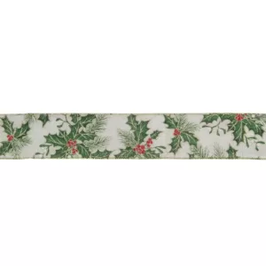 Northlight 2.5 in. x 16 yds. Christmas Holly Berries Wired Craft Ivory Ribbon