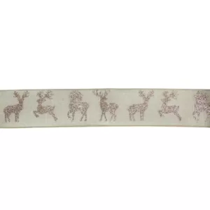 Northlight 2.5 in. x 16 yds. Beige and Gold Glitter Deer Wired Craft Ribbon