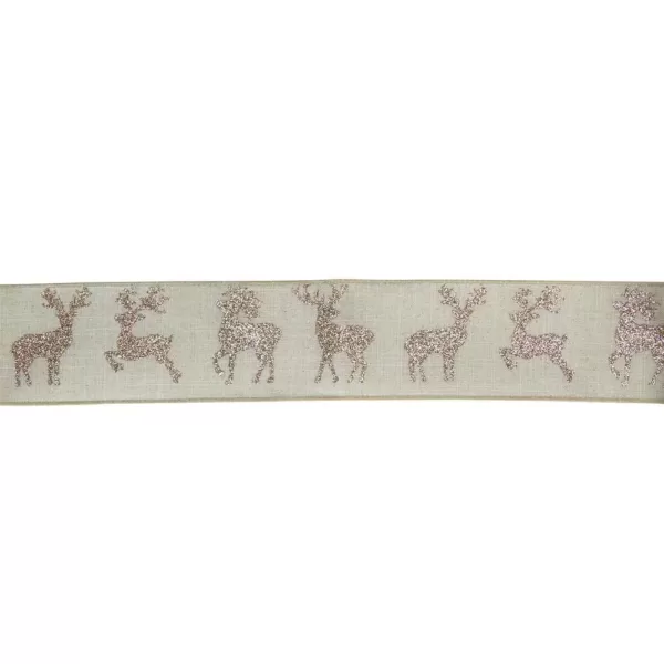 Northlight 2.5 in. x 16 yds. Beige and Gold Glitter Deer Wired Craft Ribbon