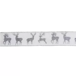 Northlight 2.5 in. x 16 yds. White and Silver Glitter Deer Wired Craft Ribbon