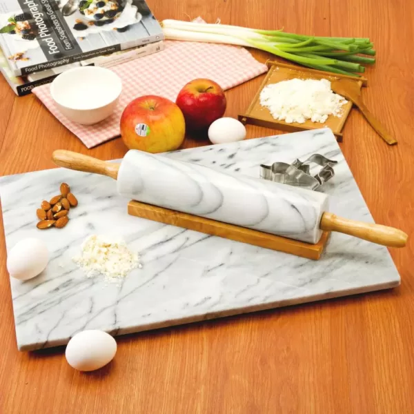 Creative Home Natural Marble 2-1/4 in. Dia x18 in. Length Rolling Pin Pastry Roller with Wooden Handle and Cradle