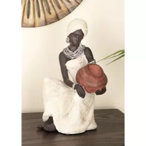 LITTON LANE 10 in. African Woman Decorative Figurine in Textured Ebony, Beige, Brick Red, and Silver