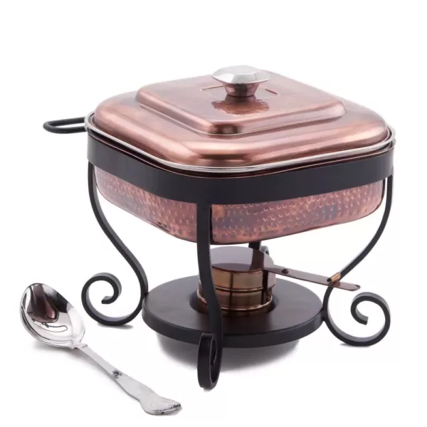 Old Dutch 11 in. x 10 in. x 9 in. Hammered Antique Copper Chafing Dish and 3 Qt. Stainless Steel Spoon