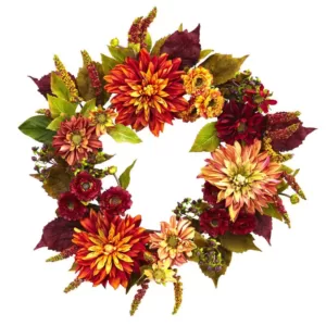 Nearly Natural Dahlia and Mum 22 in. Wreath