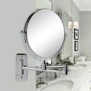 Ovente Small Round Wall Mounted Polished Chrome Makeup Mirror (11 in. H x 1.4 in. W), 1x-10x Magnification