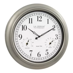 La Crosse Technology 18-Inch Indoor/Outdoor Classic Plastic Pewter Atomic Analog Clock with Thermometer & Hygrometer