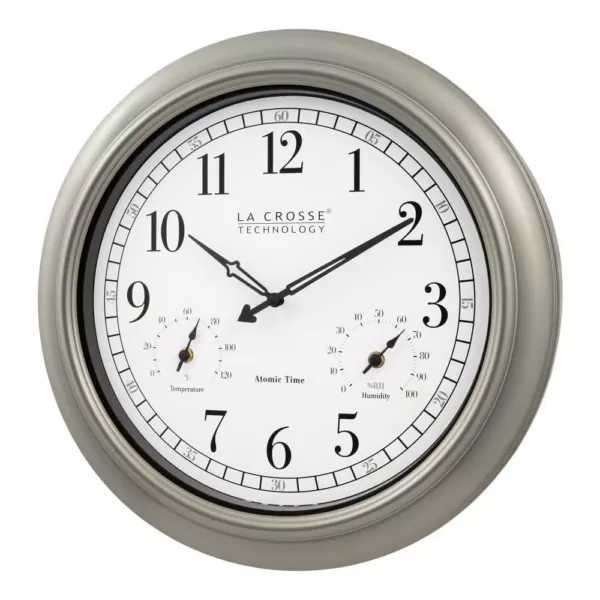 La Crosse Technology 18-Inch Indoor/Outdoor Classic Plastic Pewter Atomic Analog Clock with Thermometer & Hygrometer