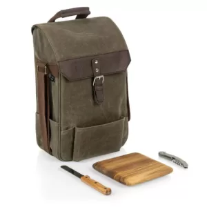Picnic Time 2-Bottle Khaki Green Waxed Canvas Wine Cooler Bag and Cheese Board Set