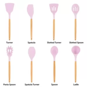 MegaChef Pink Silicone and Wood Cooking Utensils (Set of 9)
