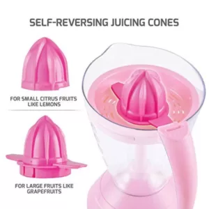 Ovente 34 oz. Pink Electric Citrus Juicer 2 Auto-Reversing Cones Capacity, Pressure-Activated, Strainer, Pulp Control