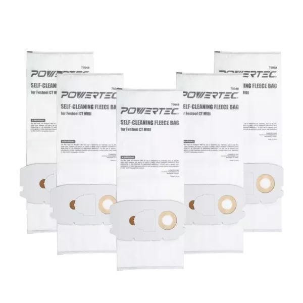 POWERTEC Self Cleaning Replacement Filter Bags for Festool CT Midi Flexible Fleece Filter Bag for Festool 498411 (5-Pack)