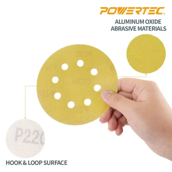 POWERTEC 5 in. 8 Hole 100 Grit Gold Hook and Loop Sanding Discs (50-Pack)