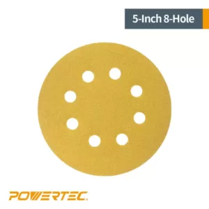 POWERTEC 5 in. 8 Hole 100 Grit Gold Hook and Loop Sanding Discs (50-Pack)