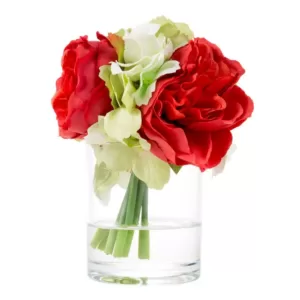 Pure Garden 6.5 in. Hydrangea and Rose Artificial Floral Red Arrangement