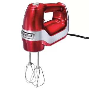 Hamilton Beach 5-Speed Red and Chrome Hand Mixer with Stainless Steel Twisted Wire Beaters, Whisk, Dough Hooks and Snap-On Storage Case