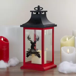 Northlight 12 in. Red and Black LED Candle With Deer Christmas Lantern