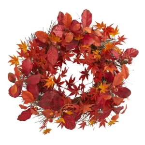 Nearly Natural Indoor 22 in. Japanese Maple, Magnolia Leaf and Berries Artificial Wreath