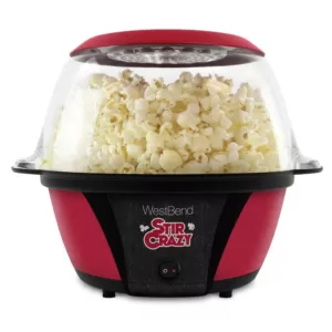 West Bend 6 oz. Red Stir Crazy Electric Hot Oil Popcorn Popper Machine with Stirring Rod Large Lid with Improved Butter Melting
