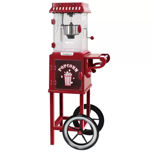 West Bend Popcorn Cart 2.5 oz Non-Stick Stainless Steel Kettle, Makes 10 Cups, Cabinet Built-In Light, with Spoon & Scoop