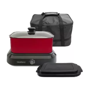West Bend 5 qt. Red Non-Stick Versatility Slow Cooker with 5-Temperature Settings Includes Travel Lid and Thermal Tote