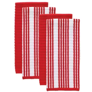 RITZ T-fal Red Solid and Stripe Cotton Waffle Terry Kitchen Towel (Set of 4)