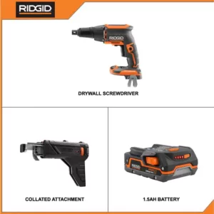 RIDGID 18-Volt Cordless Brushless Drywall Screwdriver with Collated Attachment with 1.5 Ah Lithium-Ion Battery