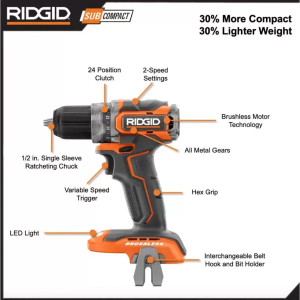 RIDGID 18V Lithium-Ion Brushless Cordless SubCompact 1/2 in. Drill/Driver (Tool-Only)