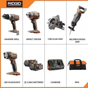 RIDGID 18-Volt Lithium-Ion Cordless 5-Tool Combo Kit with (2) 4.0 Ah Batteries, 18-Volt Charger, and Contractor's Bag