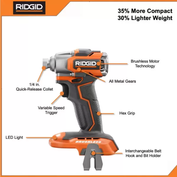 RIDGID 18V Brushless SubCompact Drill Driver and Impact Driver Combo Kit with (2) 2.0 Ah Batteries, Charger and Bag