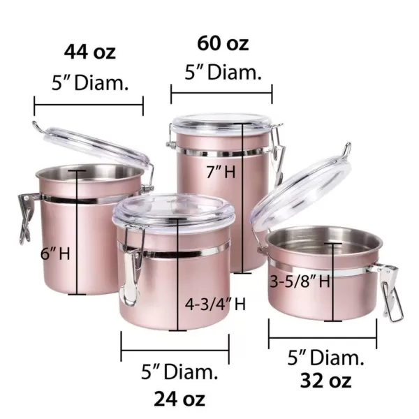 Creative Home Rose Gold Stainless Steel Canister, Storage Container with Air Tight Lid and Locking Clamp (Set of 4)