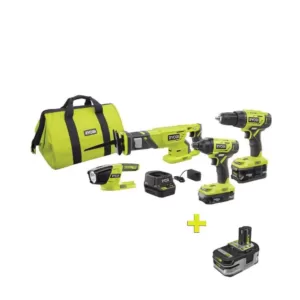 RYOBI 18-Volt ONE+ Lithium-ion Cordless 4-Tool Combo Kit with Free 18-Volt ONE+ 4.0 Ah LITHIUM+ HP High Capacity Battery