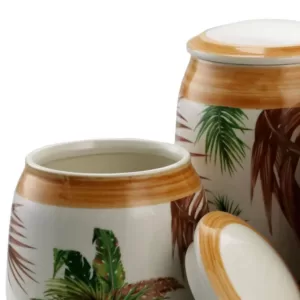 Elama Paradise Palms Sand 3-Piece Ceramic Canister Set with Ceramic Tops