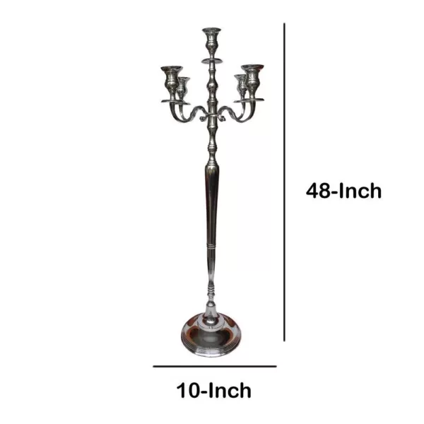 Benjara 48 Inches Silver Handcrafted 5 Arms Aluminum Candelabra with Fluted Top