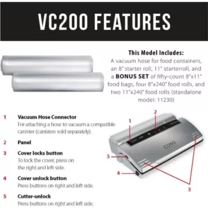 CASO VC 200 Black and Silver Food Vacuum Sealer with Fold-Out Cutter, Roll Box and Vacuum Bag Set