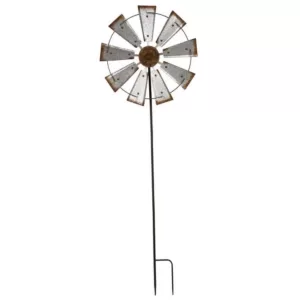 Glitzhome 69.4 in. H Farmhouse Metal Galvanized Wind Spinner Yard Stake or Wall Decor