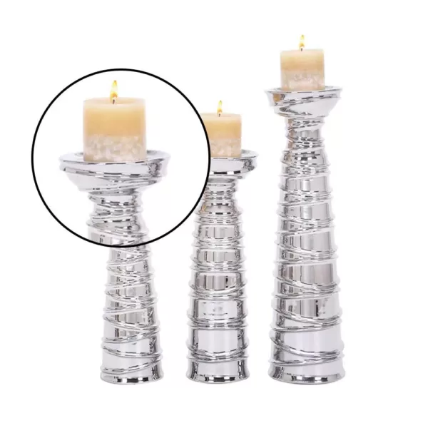 LITTON LANE Contemporary Silver-Finished Ceramic Candle Holders (Set of 3)