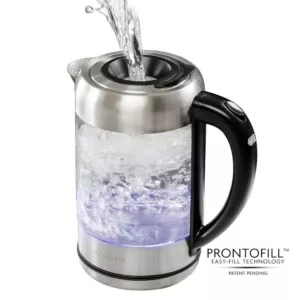 Ovente 7-Cup 1.7 l Silver Glass Electric Kettle with ProntoFill Technology-Fill Up with Lid On