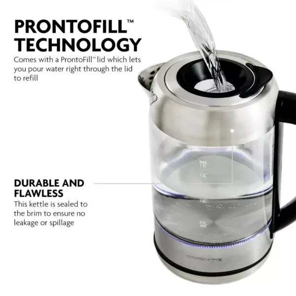 Ovente 7-Cup 1.7 l Silver Glass Electric Kettle with ProntoFill Technology-Fill Up with Lid On