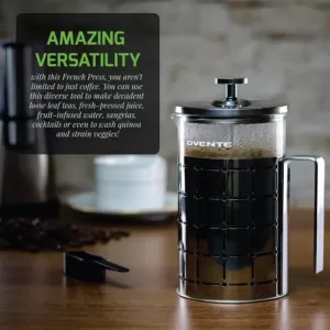 Ovente 3-Cup Silver Borosilicate Glass Heat-Resistant Cafetiere French Press Coffee and Tea Maker with Free Measuring Scoop
