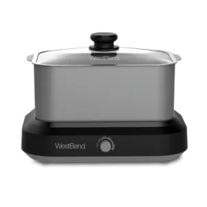 West Bend 6 qt. Silver Non-Stick Versatility Slow Cooker with 5-Temperature Settings Includes Travel Lid and Thermal Tote