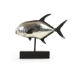 Zentique Resin Metallic Silver and Black Pompano on Black Stand