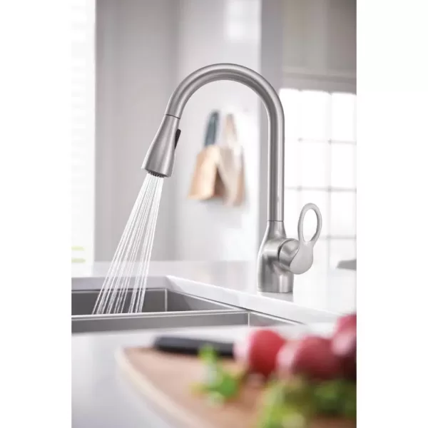 MOEN Kleo Single-Handle Pull-Down Sprayer Kitchen Faucet Power Clean in Spot Resist Stainless with Soap Dispenser