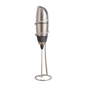 BonJour Battery-Powered Black Stainless Steel Milk Frother with Chrome Stand