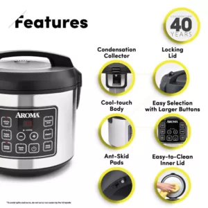 AROMA 20-Cup Silver Rice Cooker with Food Steamer and Slow Cooker Functions
