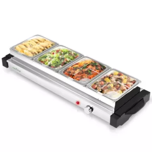 NutriChef Single Burner 8.5 in. Stainless Steel Electric Food Warming Tray Buffet Server Hot Plate (4-Plate Tray Style)