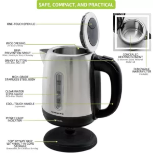 Ovente 5-Cup Stainless Steel Electric Kettle, BPA-Free, Concealed Heating Element, Auto Shut Off & Boil-Dry Protection